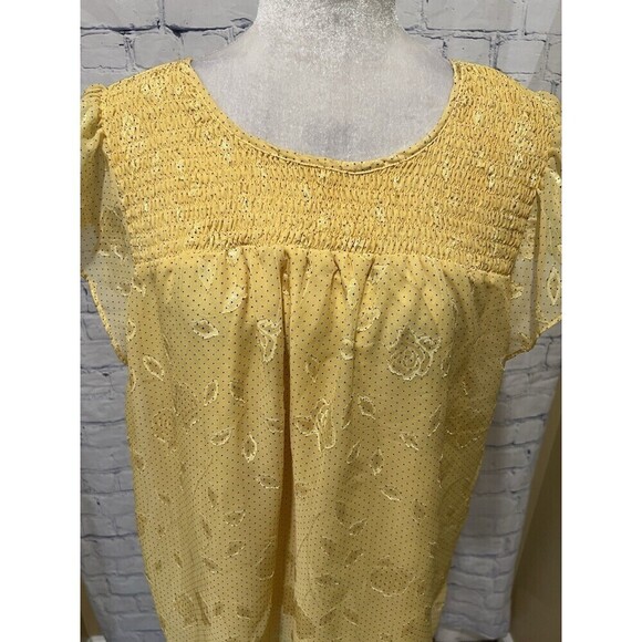 Blousology Women’s XL Flutter Sleeve Layered Lined Floral Print Polka Dot Yellow - Picture 2 of 8